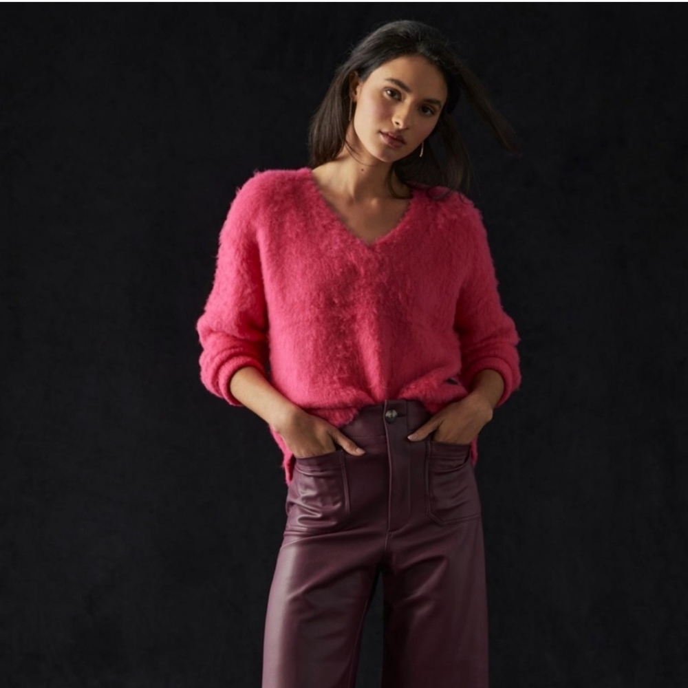 Anthropologie Maeve Plush V-Neck Sweater Pink XS